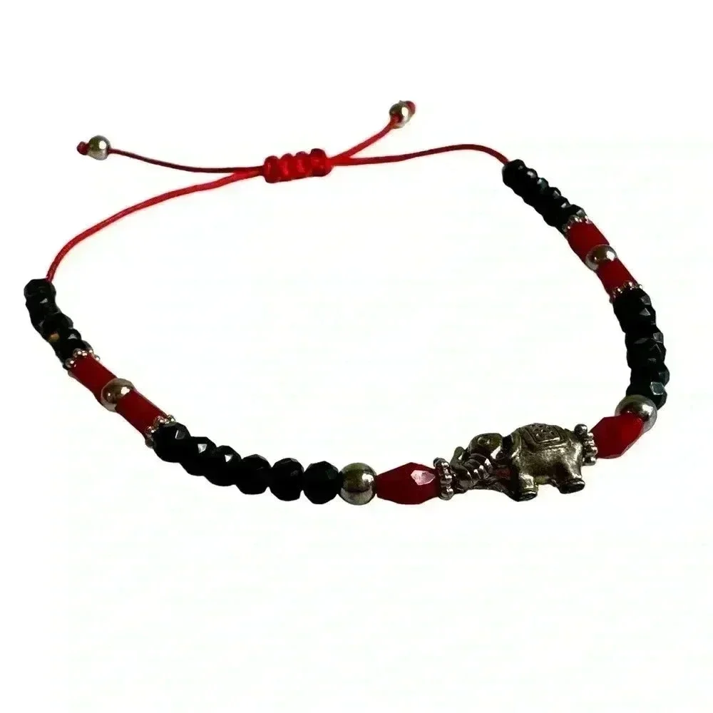 Black red and silver beaded bracket adjustable elephant charm women’s jewelry